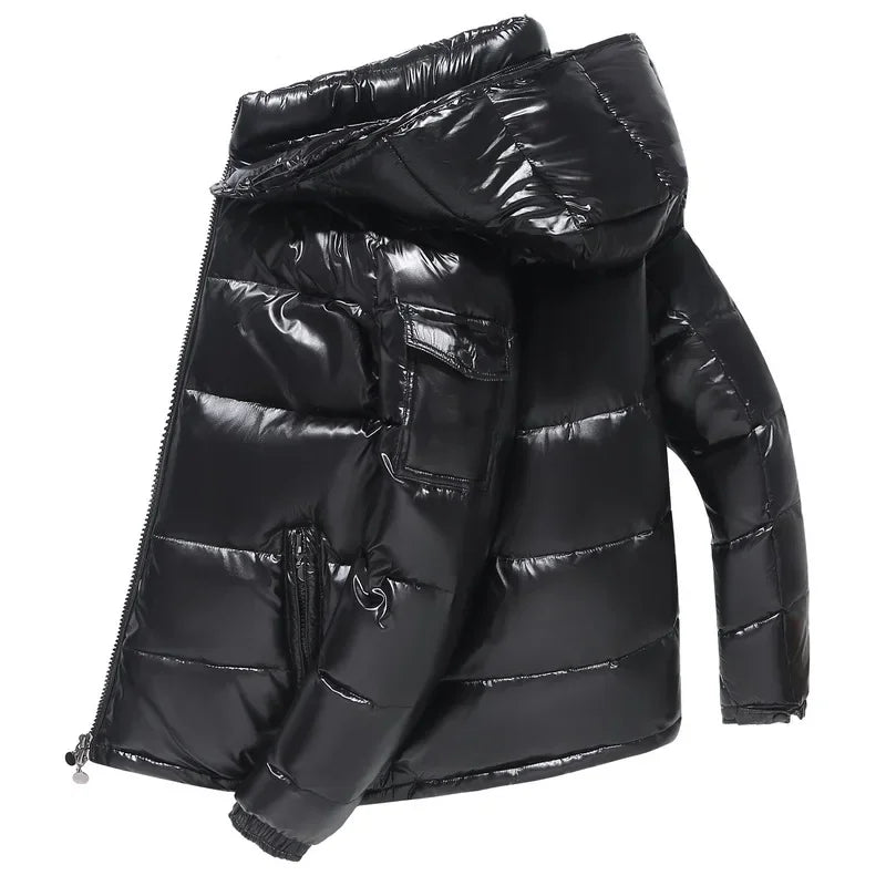 Mens Glossy Parka Casual White Duck Hooded Down Jacket Waterproof Windproof Ski Thick Warm Outwear Men Winter Fashion Shiny Coat