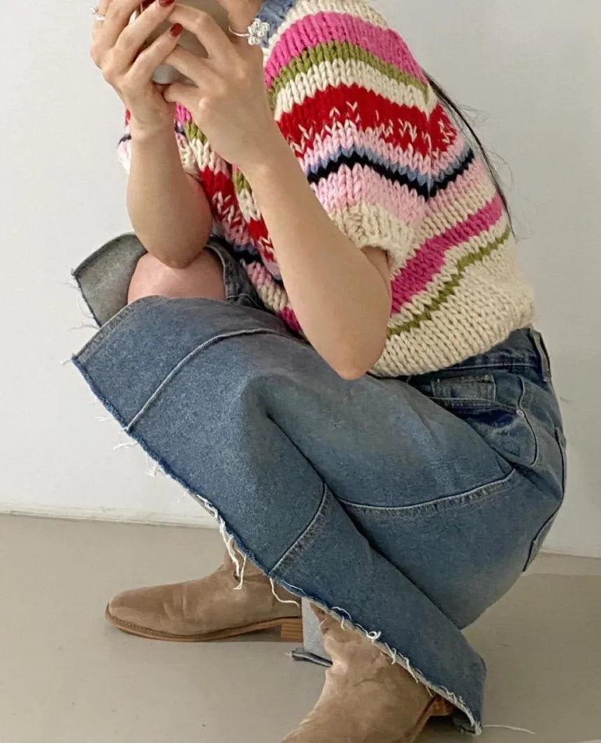 Chic Vintage Heavyweight Knitted Loose ort Sve Striped Sweater for Women Summer Collection oulder Sve