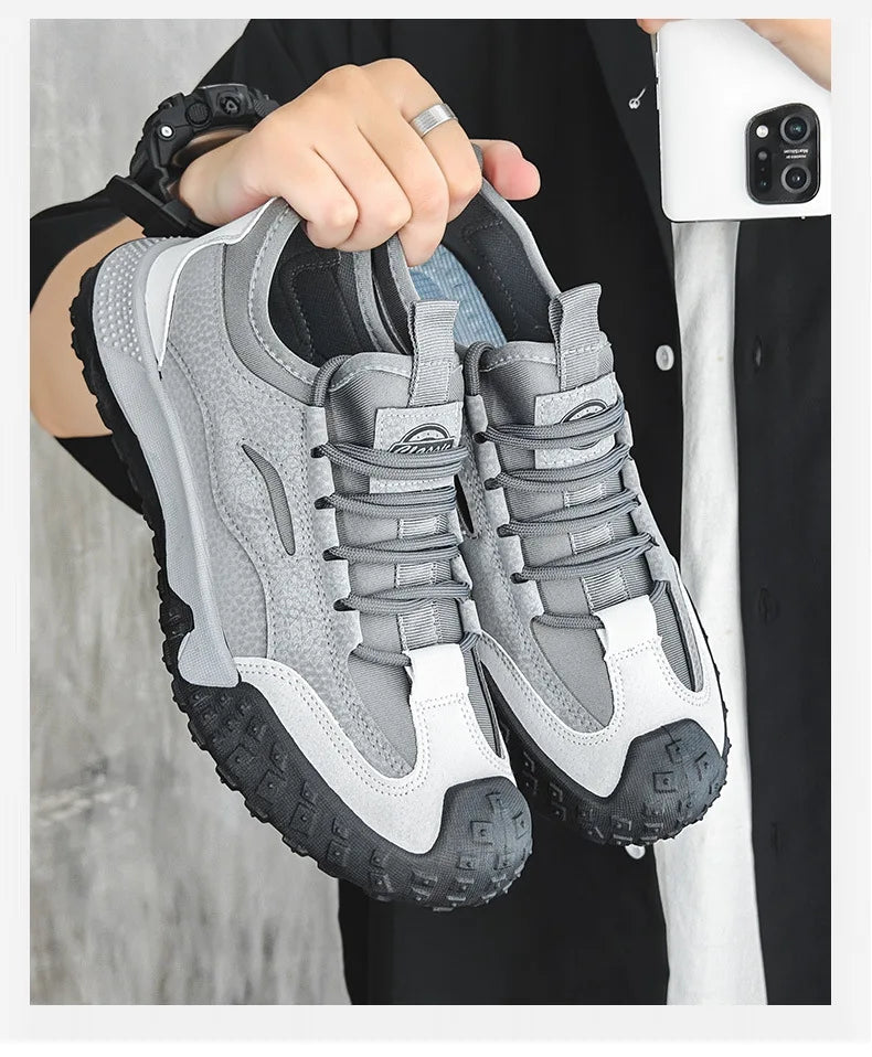 Outdoor Men Hiking Shoes Anti-slip Platform Men Sneakers Retro Leather Jogging Shoes Fashion Wear-resistant Trekking Shoes Male