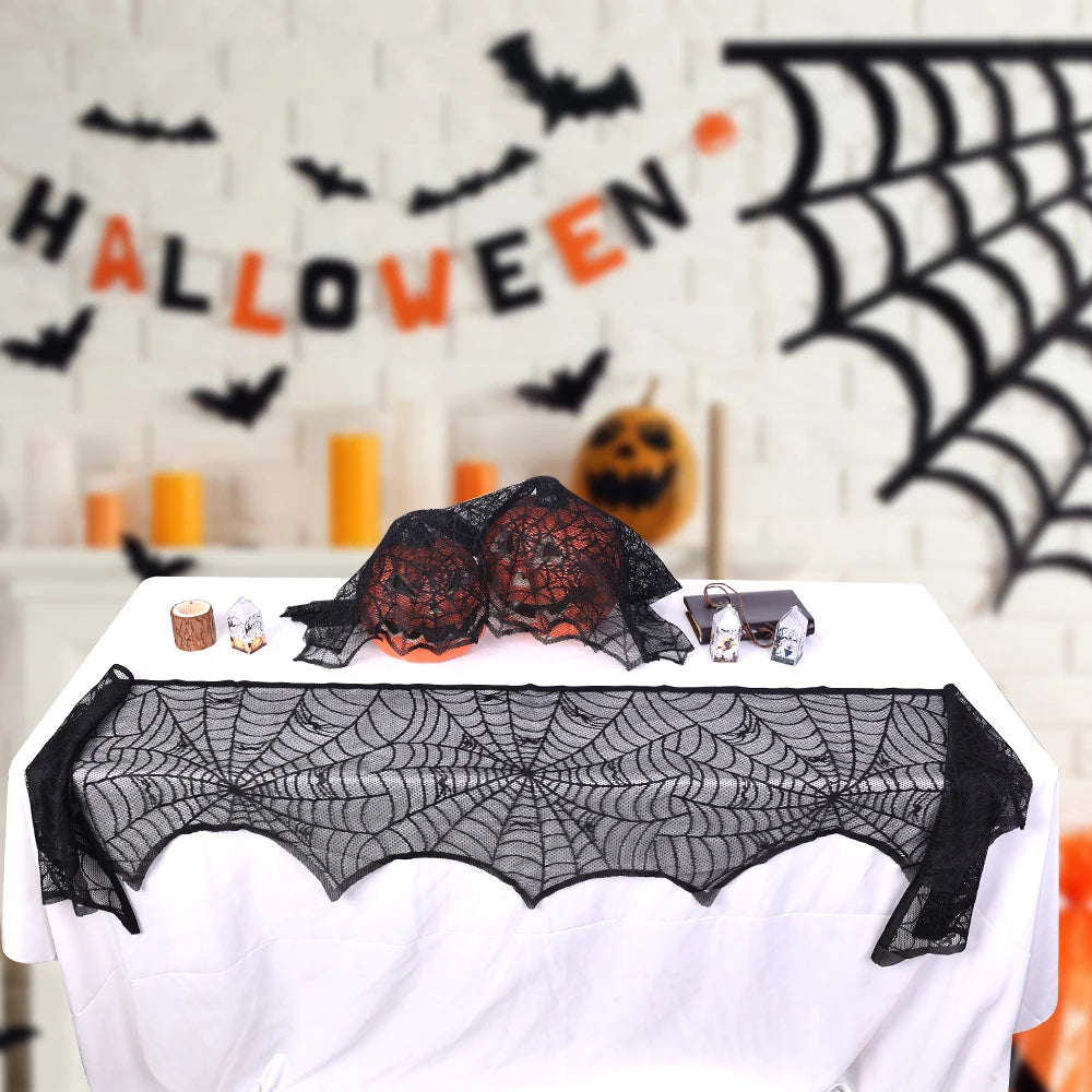 Hallowen Bat Spider Web Table Runner Door Curtain Lace Cobweb Fireplace Cover Lampshade Perfect for Gothic Halloween Decoration