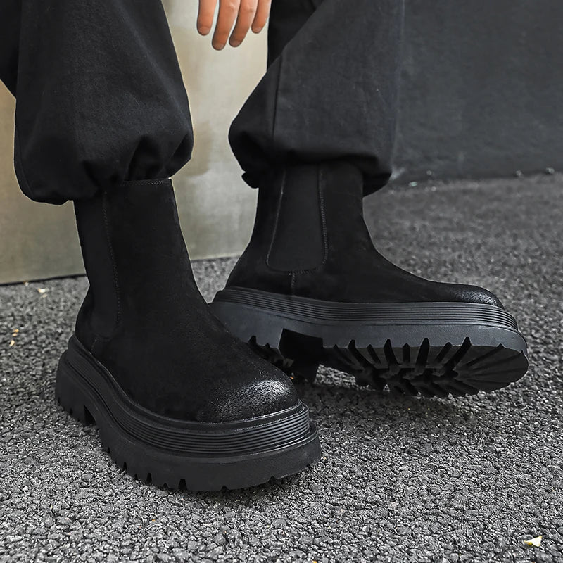 large size men casual party nightclub high chelsea boots slip-on cow suede leather shoes cowboy platform boot autumn winter bota