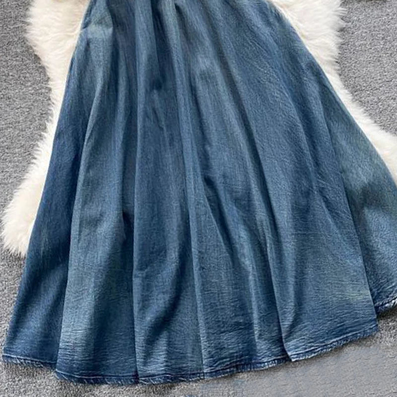 AYUALIN Denim Long Dress for Women Ethnic Floral Embroidery Boho A-line Casual Summer Vestidos Lapel Long Sleeve Dresses Lady