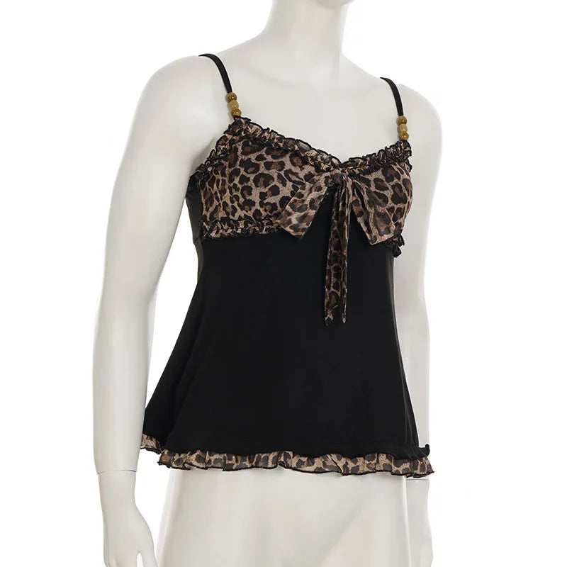 American Hotsweet Y2k Leopard Camisole Women Retro Streetwear E-girl 90s Dark Gothic Sexy Patchwork Lace-up Crop Tank Top Femme