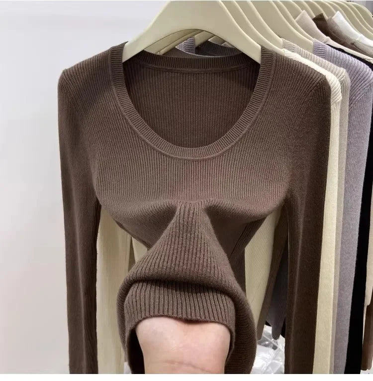 Zjaiss Solid Color O-neck Knitted Pullovers 2025 Women's Autumn Winter New Slim Fit Sweater Soft Warm Simple Base Layer Top