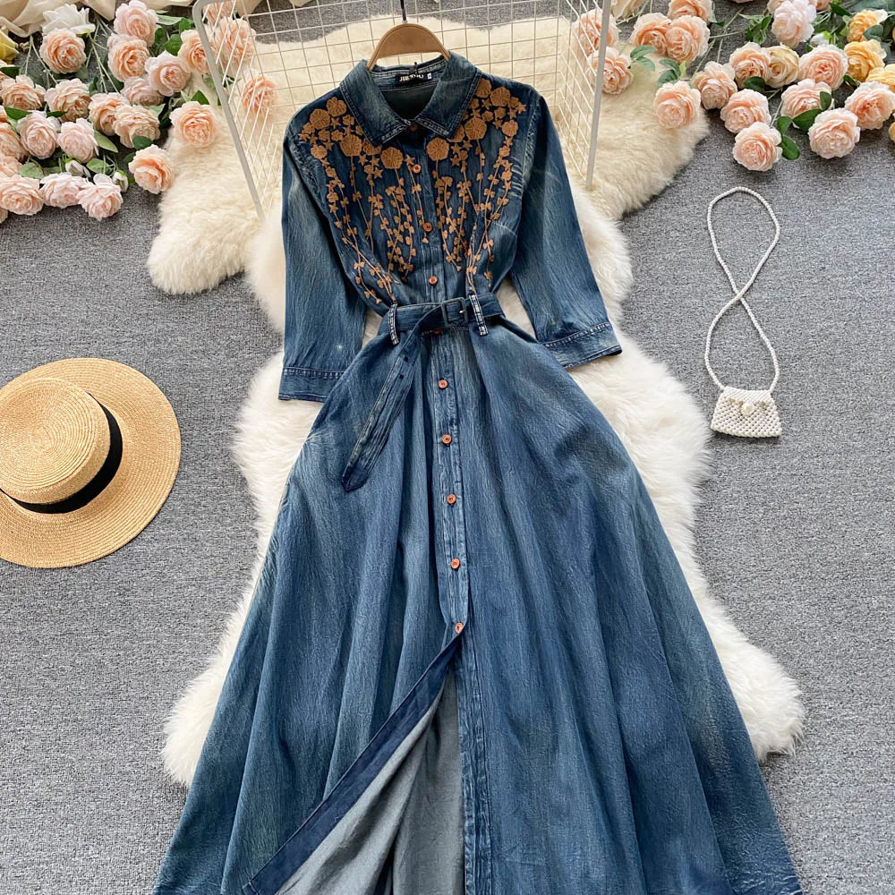AYUALIN Denim Long Dress for Women Ethnic Floral Embroidery Boho A-line Casual Summer Vestidos Lapel Long Sleeve Dresses Lady