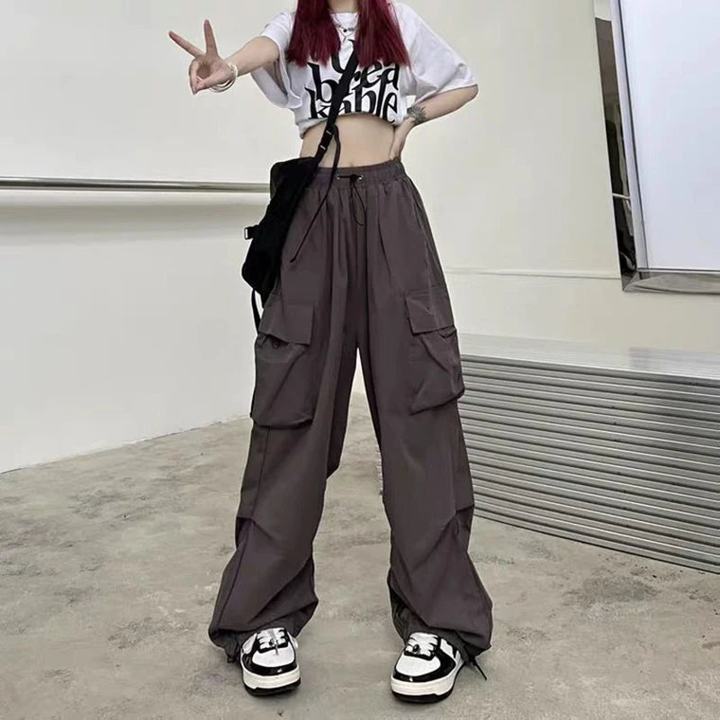 Women's loose oversized multi pocket black multi-color casual pants with wide legs