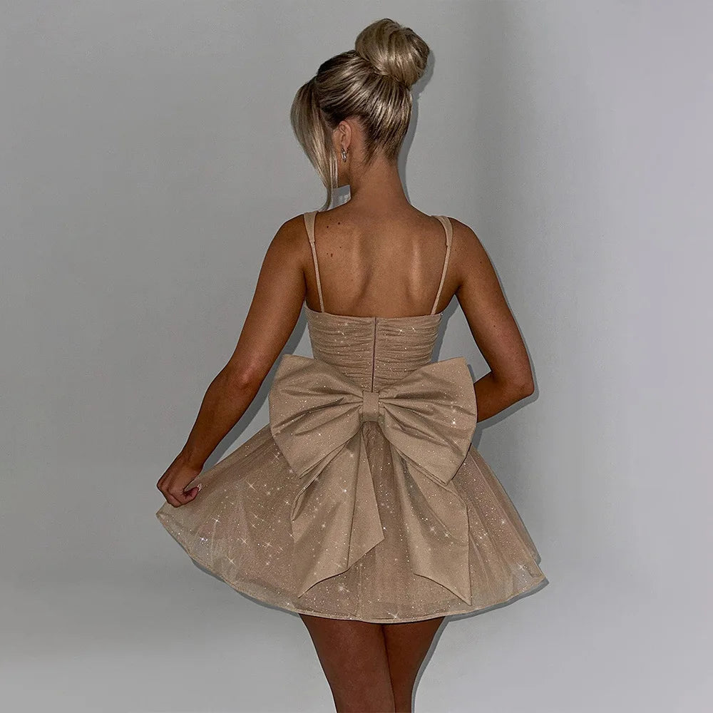 Articat Sexy Mesh Spaghetti Strap Double-layer Short For Women Elegant Sleeveless Backless Tight Shiny Bow Evening Dress 2025