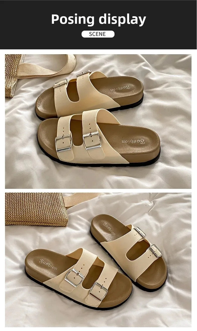 Women's Belted Sandals Roman Style PVC Material Open Toe Metal Decorated Flat Heels Spring Summer Outdoor Wear Fashionable Versa
