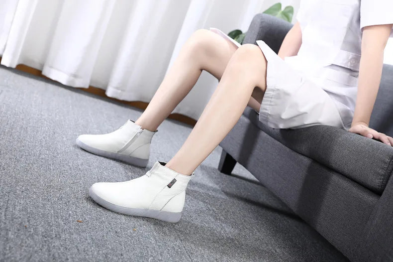 GKTINOO Genuine Leather Ankle Boots Women Comfortable Zip White Booties Woman 2025 Nurse Shoes Warm Fur Lining Platform Boots