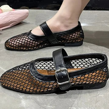 Fishnet Ballet Flats Women Fashion Brand Design Hollow Loafers Mary Jane Shoes Breathable Women Summer Sandals Sandalias Mujer