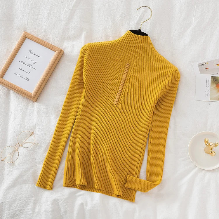 Women Turtleneck Pullovers Autumn Winter Jumper Knitted Basic Top Fashion Solid Color with Button Long Sleeve Ladies Sweater