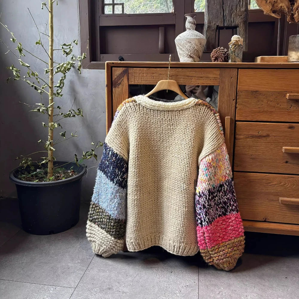 2025 Early Spring Handmade Chunky Knit Patchwork Plaid Cardigan Button Front Vintage Loose Knit Sweater Jacket for Women