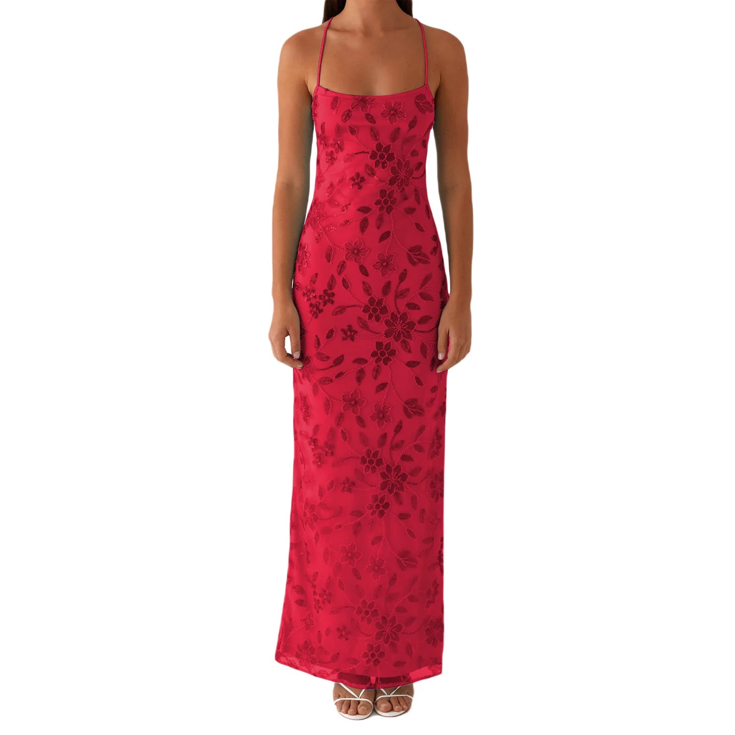 2025 Women Beaded Flower Cami Dress Slim Glitter Sequin High Split Spaghetti Strap Open Back Long Dress for Party Club Vestidos