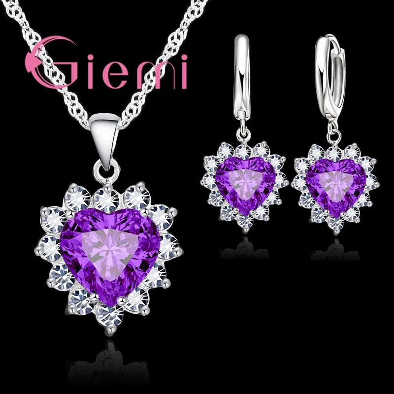 Love Heart Crystal Pendant Silver Color Party Jewelry Sets Necklace Earrings For Women Valentine Gifts