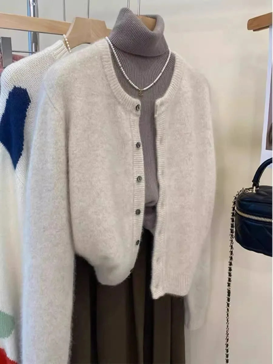 100% pure cashmere cardigan women's new autumn and winter round neck sweater loose Korean knitted sweater short coat