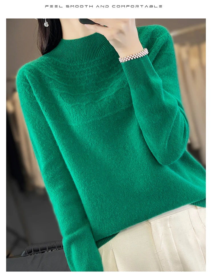 2024 New Line Of Garment Hollowed Out Half Height Women's High-grade Woolen Sweater 100% Pure Wool Multi-color Option WQ