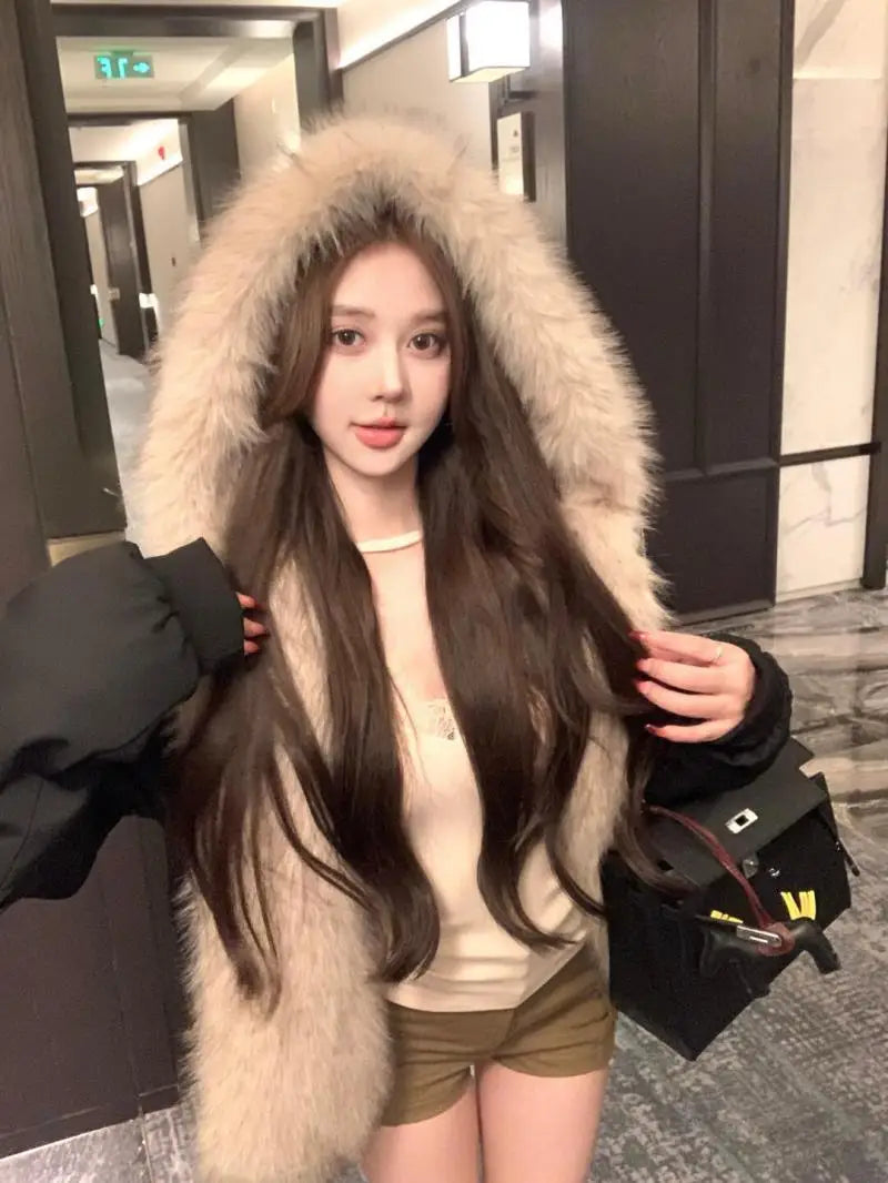 Double-Sided Warm Fur Coat Women Autumn Winter Loose Thicken Plush Cotton Coat 2025 New Women Hooded Imitation Mink Fur Outwear