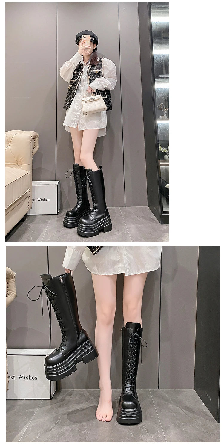 New Women's Roman Long Boots Autumn Winter Knee-high Leather Punk Shoes Chunky Platform Casual Knight Boots Botas Mujer 10CM