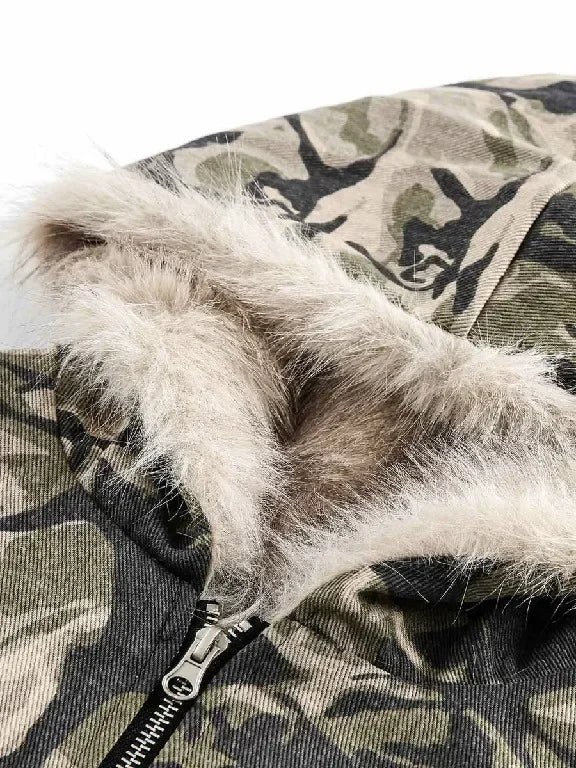 Street Style Warm Leaf Camouflage Plus Velvet Hooded Jacket Womens Mens Camouflage Zipper Jacket with Faux Fur Casual Coats