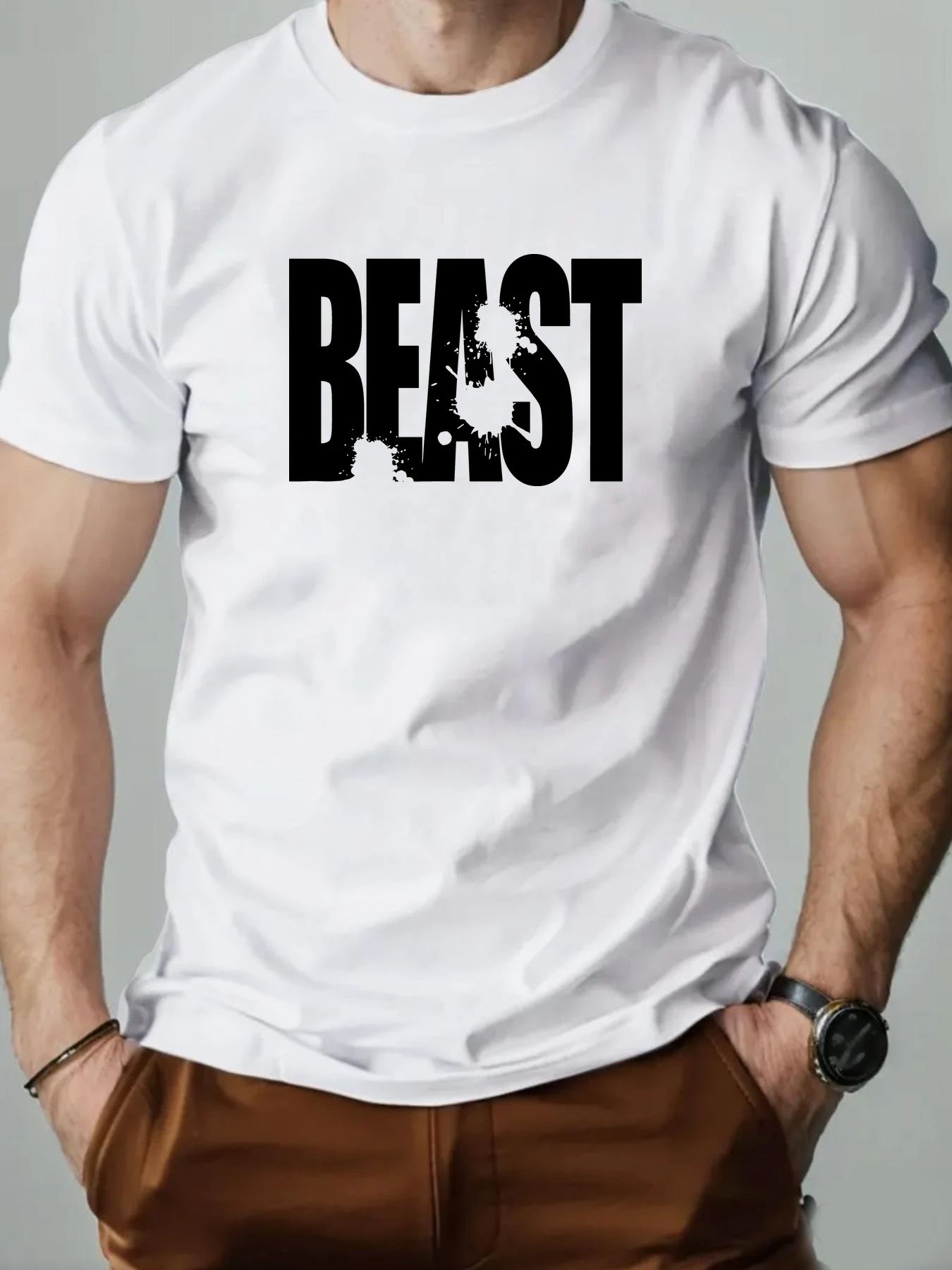 Men's 100% Cotton T-shirt BEAST Print Short Sleeve Top Casual Comfortable Breathable Summer Tee for Men 2025 New Fashion