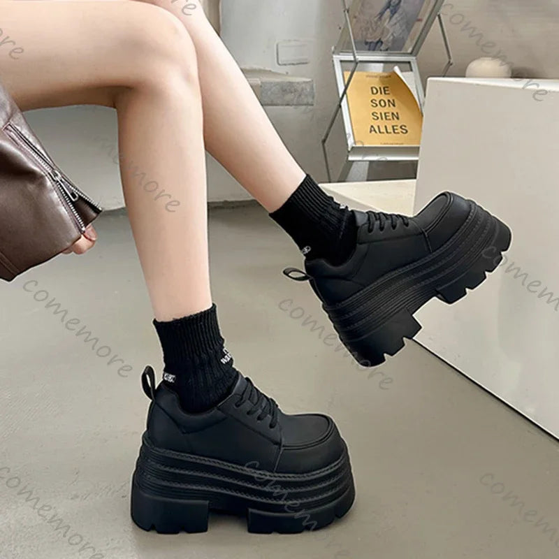 Thick Bottom Fashion Women Pumps Spring Autumn New Height Increase Black Lace Loafers Female High Heels Shoes