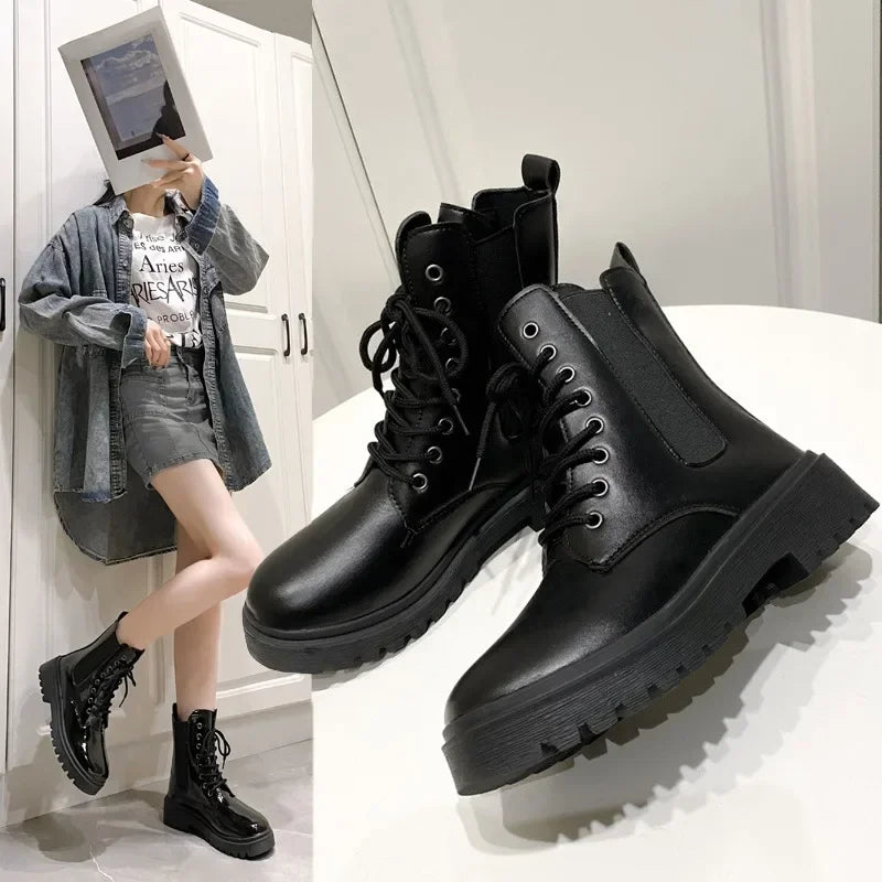 Women 2025Autumn New Tooling Boots Lady Anti Slip Waterproof Lace Up Short Boots Students Casual Thick Heel Knight Boots