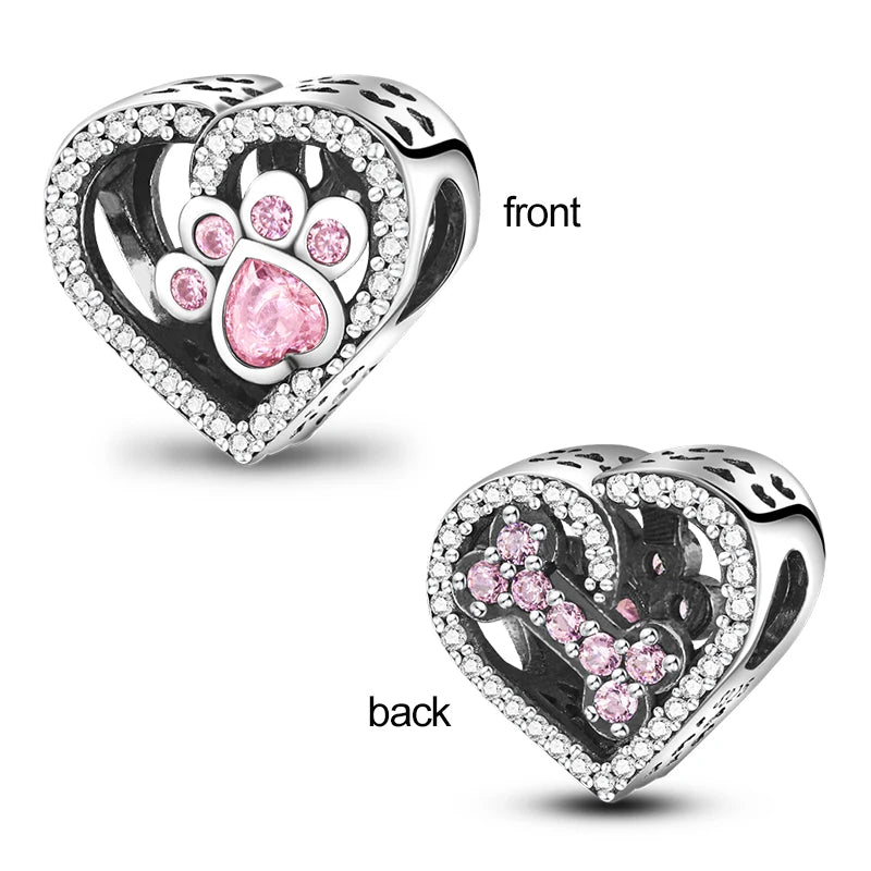 Dogs Pet Charms 925 Silver Heart Shaped Pink Zircon Claws Pendants Fit Original S925 Bracelets Fine DIY Birthday Jewelry Gifts