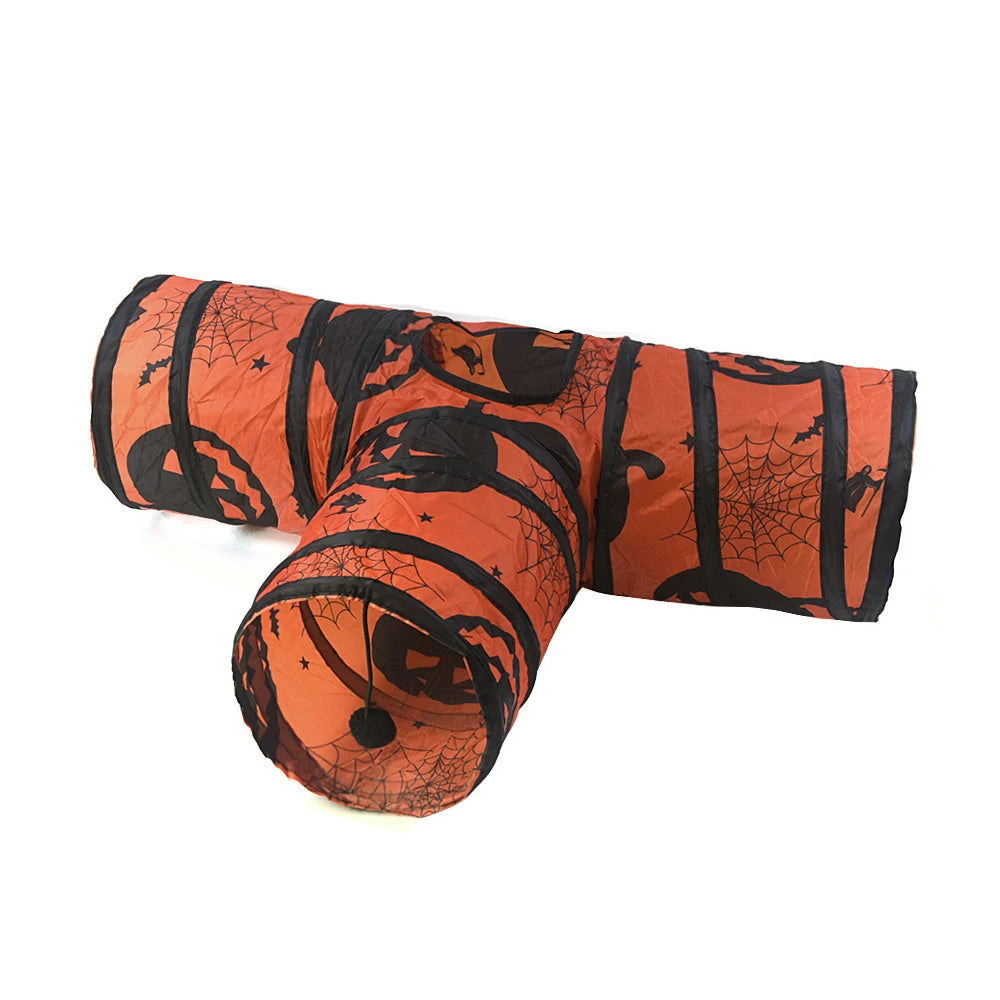 S/T Shape Halloween Print Pet Cat Tunnel Collapsible Hole Indoor Outdoor Tube Kitty Tunnel Cat Toy Space-Saving Cat Training Toy
