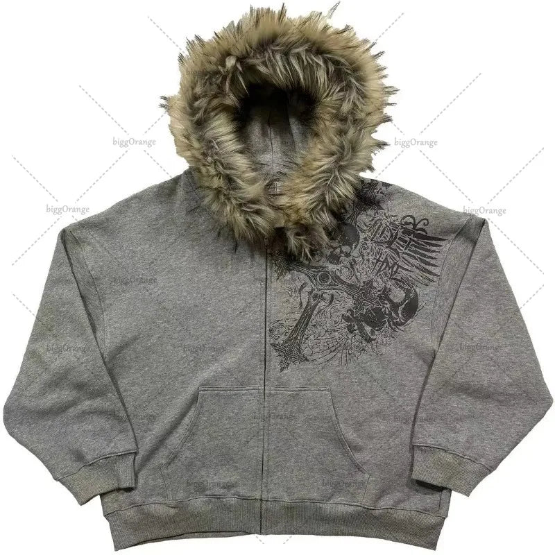 Gothic Harajuku Retro Skull Zipper Hoodie Men Streetwear Y2K Fur Collar Jacket Trendy Hip Hop Casual Oversized Sweatshirt Women