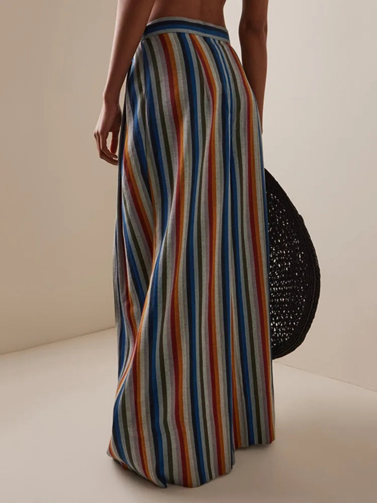 Beautyblue Elegant Striped Printed Pants for Woman New Loose Pleated Pocket Split-Joint High Waisted Fashion Streetwear Trousers