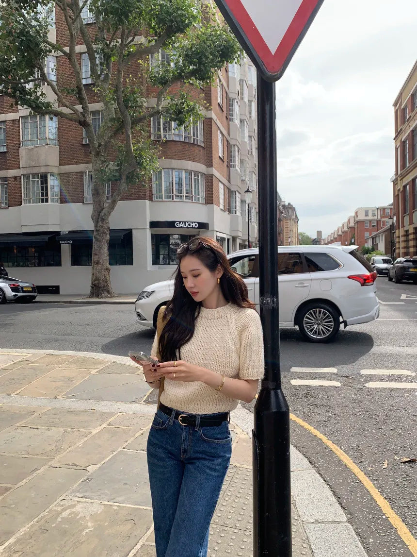 Chic Vintage Heavyweight Knitted Loose ort Sve Striped Sweater for Women Summer Collection oulder Sve