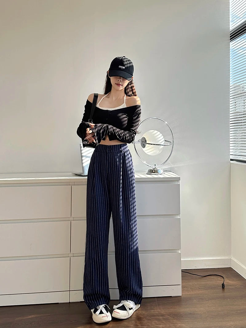 Slimming High Waist Trousers Women's Loose Striped Wide Leg Pants Korean Sle Commute Faion plus Size Long Trousers