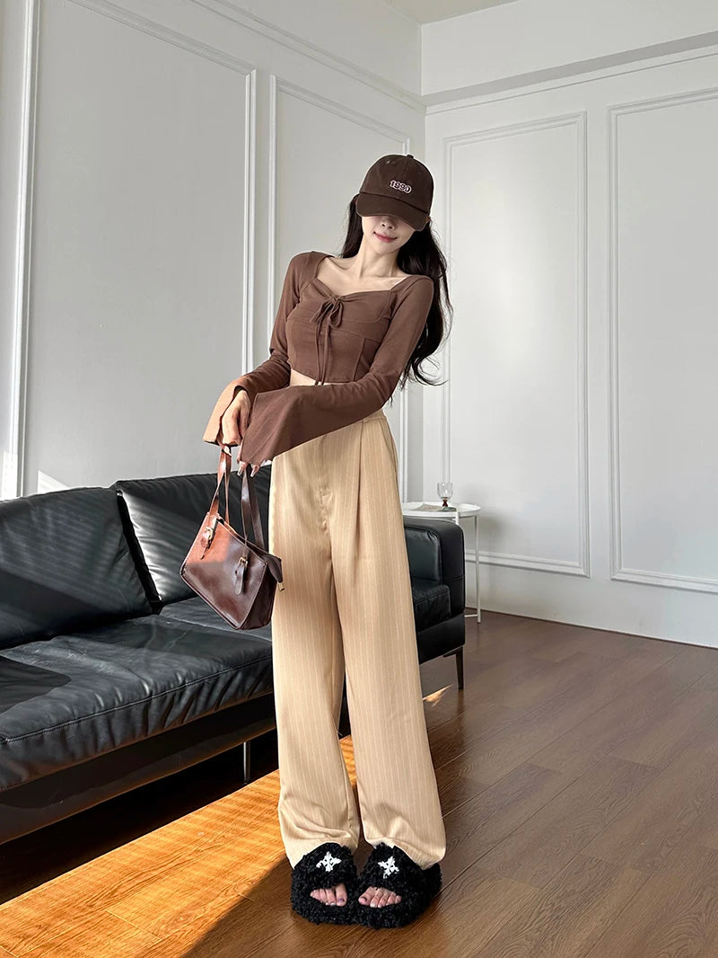 Slimming High Waist Trousers Women's Loose Striped Wide Leg Pants Korean Sle Commute Faion plus Size Long Trousers