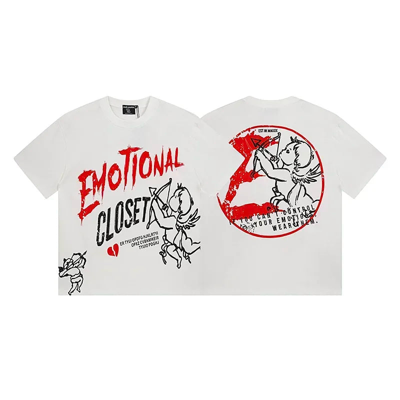 Oversized MIXED EMOTION White T-Shirts Men Women Pure Cotton Casual Red Hot Drill Letters Tshirts