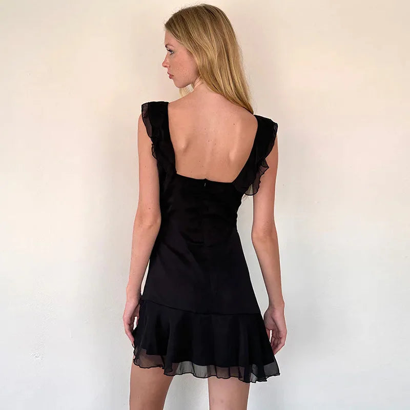 European and American style women's spring new fashion sexy French temperament sleeveless square collar ruffled chiffon dress
