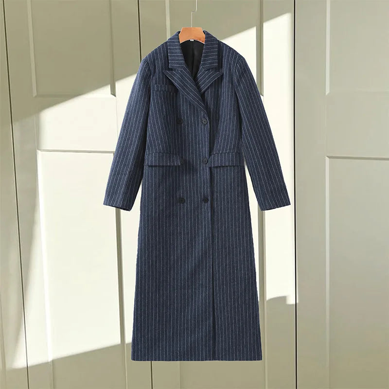 Casual Stripe Long Coat Women's Stylish V-neck Double-breasted Blazer With Shoulder Pad 2025 New Autumn Winter Ladies Outwear