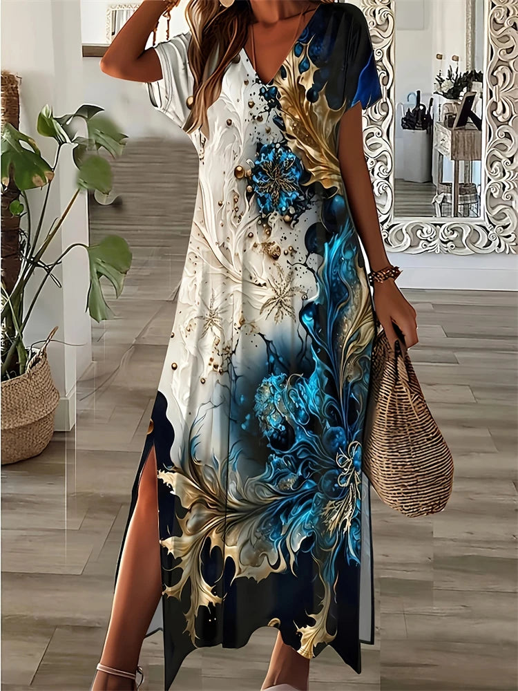 New 2025 Summer Women's Dresses Patchwork Geometric Printing Casual Temperament Dresses Fashion Beach Short Sleeve Dresses