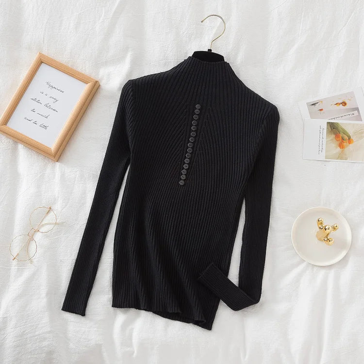 Women Turtleneck Pullovers Autumn Winter Jumper Knitted Basic Top Fashion Solid Color with Button Long Sleeve Ladies Sweater