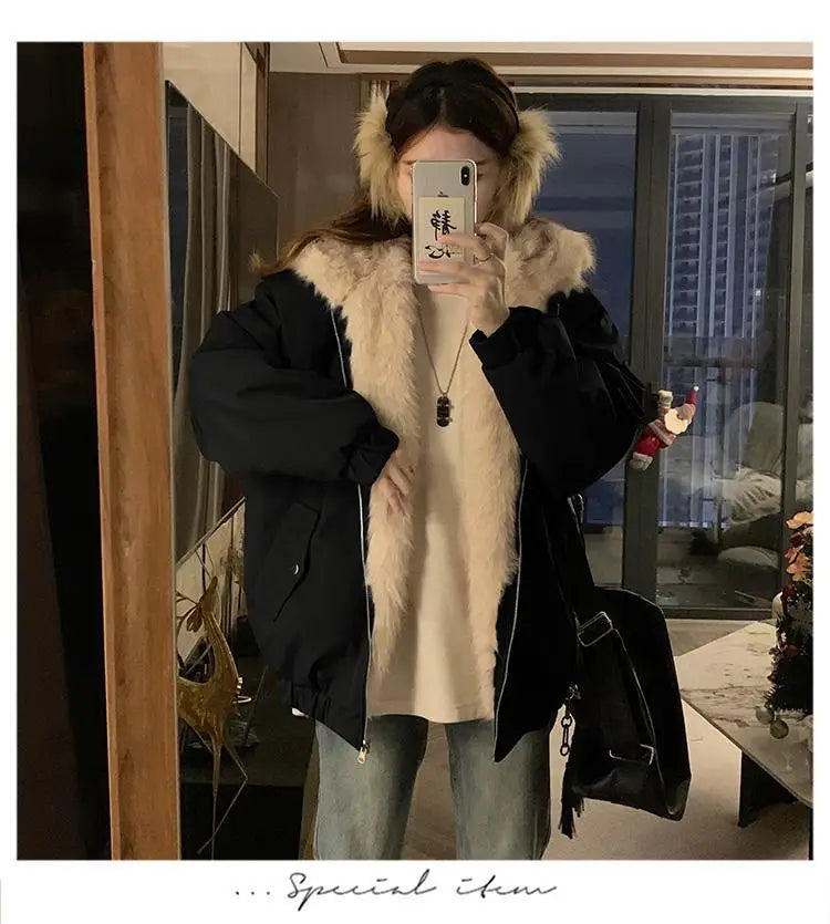 Double-Sided Warm Fur Coat Women Autumn Winter Loose Thicken Plush Cotton Coat 2025 New Women Hooded Imitation Mink Fur Outwear