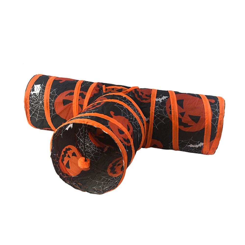 S/T Shape Halloween Print Pet Cat Tunnel Collapsible Hole Indoor Outdoor Tube Kitty Tunnel Cat Toy Space-Saving Cat Training Toy