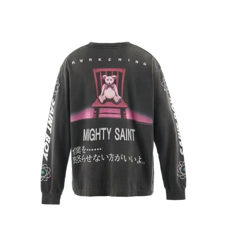 25SS Pure Cotton Saint Michael Long Sleeved T Shirts Men Women 1:1 Washed Black Manga Character Print Hoodies
