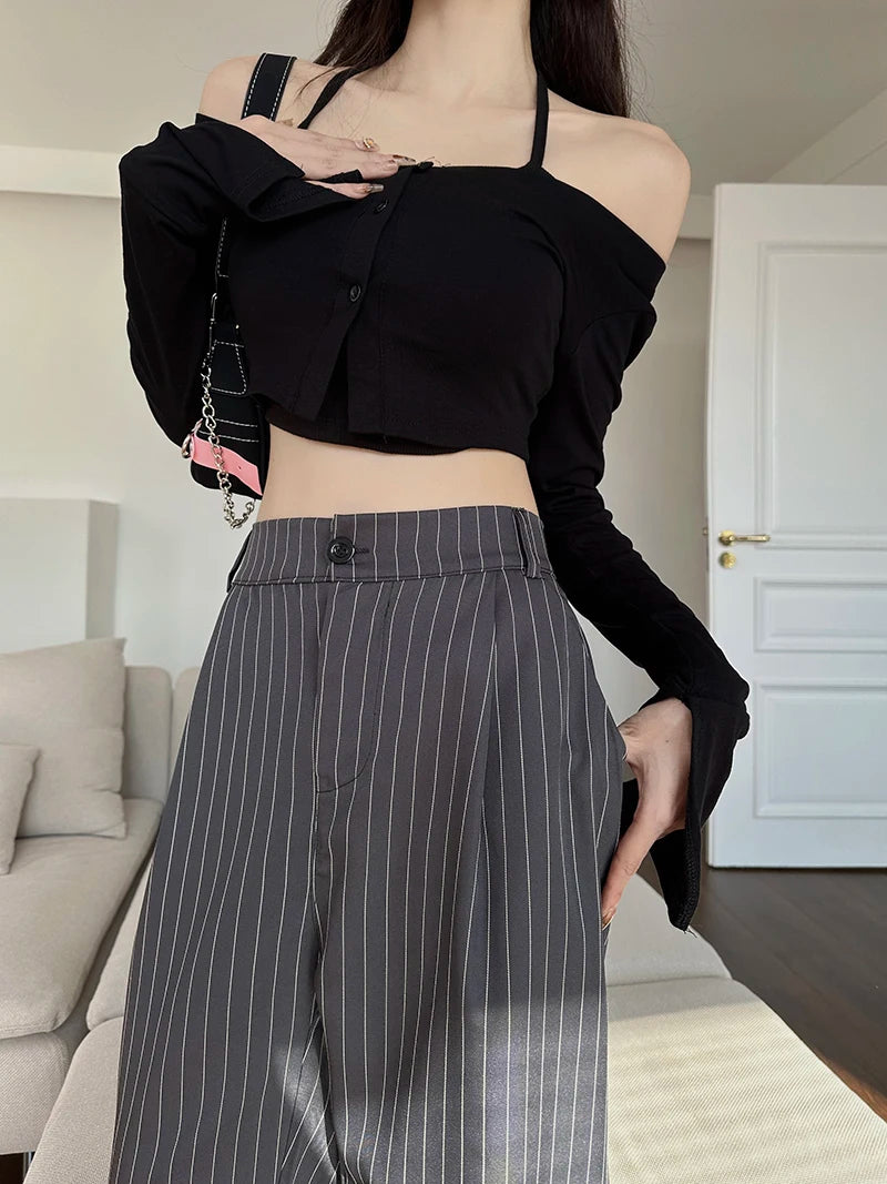 Slimming High Waist Trousers Women's Loose Striped Wide Leg Pants Korean Sle Commute Faion plus Size Long Trousers