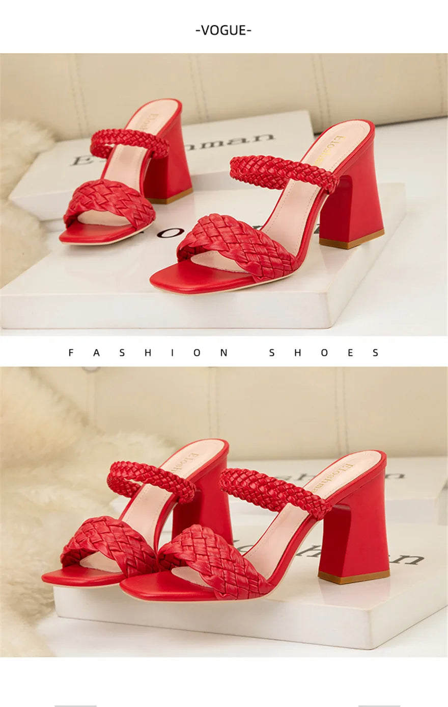 Fashion Weave Thick Heel Women's Slippers Square Toe Summer Casual Ladies Slides Red Orange Shoes Slip On Beach Sexy Pumps Woman