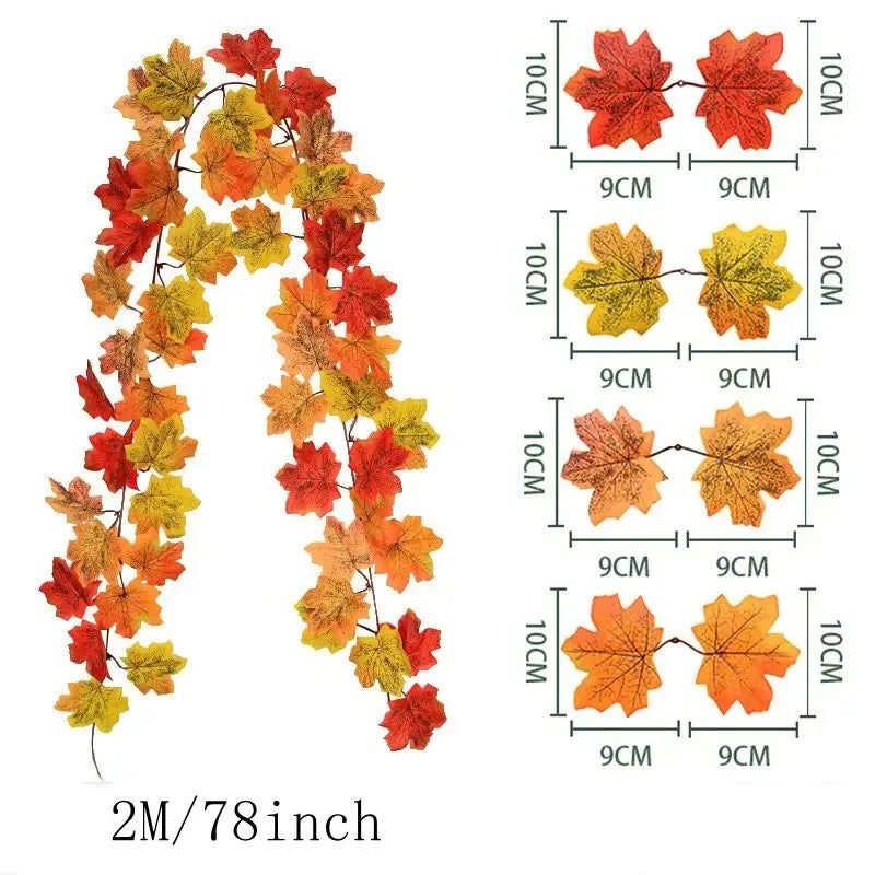 2M Artificial Fall Maple Leaf Garland Fake Plants Autumn Decor Leaves Vine for Thanksgiving Halloween Christmas Wedding Decora