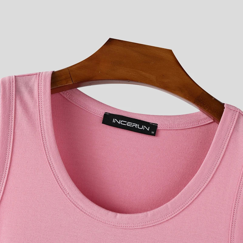 INCERUN Men Tank Tops Solid Color O-neck Sleeveless Casual Male Vests Summer Streetwear 2025 Fashion Skinny Leisure Men Clothing