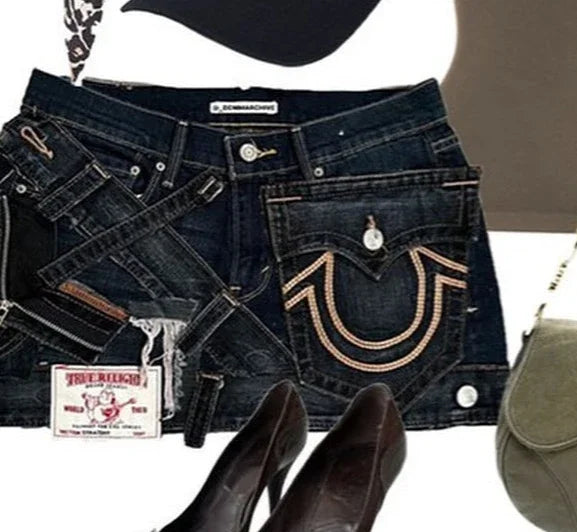 New Y2k Denim Skirt Womens Harajuku Retro Letter Embroidery Patch Zipper Denim Short Skirt Gothic Punk Sexy Slim Mini Skirt