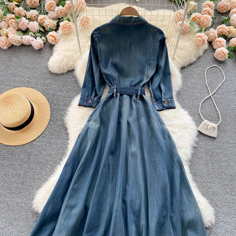 AYUALIN Denim Long Dress for Women Ethnic Floral Embroidery Boho A-line Casual Summer Vestidos Lapel Long Sleeve Dresses Lady