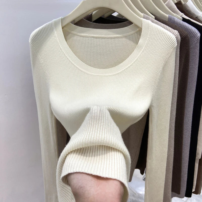 Zjaiss Solid Color O-neck Knitted Pullovers 2025 Women's Autumn Winter New Slim Fit Sweater Soft Warm Simple Base Layer Top