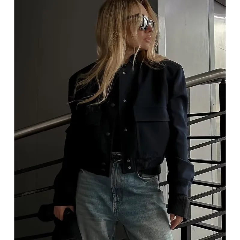 MUJER 2025 Woman Bomber Jacket White Autumn Winter Button Cropped Jackets for Women Fashion Long Sleeve Women Coats Outerwears
