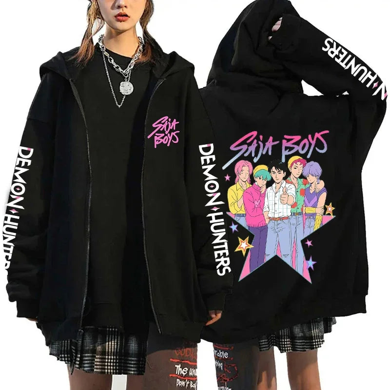 New Kpop Demon Hunters Saja Boys Zipper Hoodies Men Women Casual Personality Hooded Sweatshirt Fall/Winter Fashion Zip Hoodies